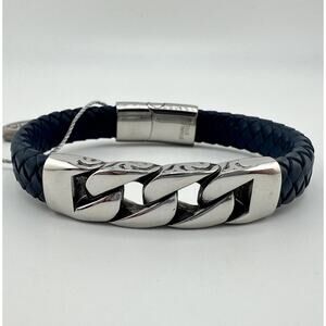 Steel Time NWT Stainless Steel Curb Link Braid Blue Leather Unisex 7.5” Bracelet